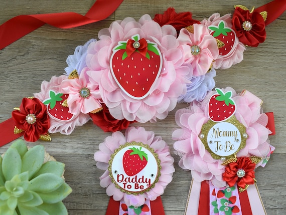 Strawberry Baby Shower, Girl Red Strawberry Maternity Sash, Mommy To Be Ribbon Pin, Daddy To Be Pin, Fruit Baby Shower, Custom