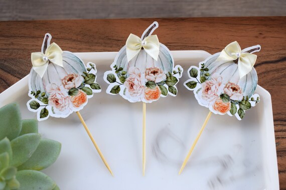 12 Cream & Sage Pumpkin Cupcake Topper, Pumpkin Baby Shower, Ivory White Pumpkin Party, Set of 12