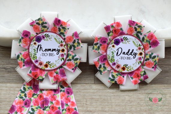 Pink Floral Baby Shower, Mommy To Be Corsage Pin, Daddy To Be Badge Pin, Spring Baby Shower Pins
