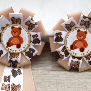Neutral Teddy Bear Baby Shower, Bear Mommy To Be Ribbon Pin, Teddy Bear Daddy To Be Pin, Gender Reveal Baby Shower