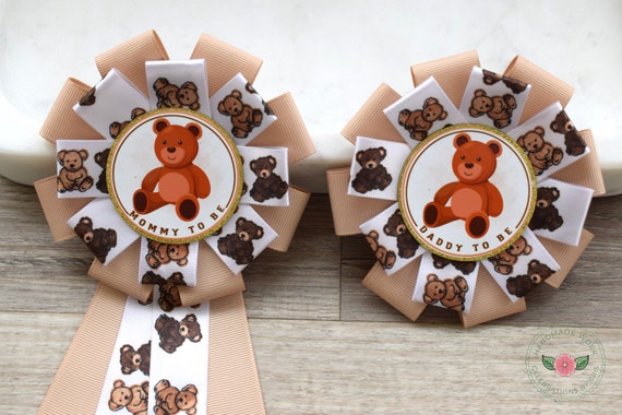 Neutral Teddy Bear Baby Shower, Bear Mommy To Be Ribbon Pin, Teddy Bear Daddy To Be Pin, Gender Reveal Baby Shower