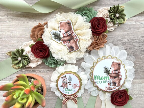 Winter Bear Woodland Baby Shower, Sage Green Maternity Sash, Mommy To Be Ribbon, Daddy To Be Pin, Baby Shower Gift, Custom Order Welcome