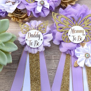 Lavender Butterfly Baby Shower, Lavender White Gold Butterfly Maternity Sash, Gold Butterfly Mommy To Be Ribbon, Butterfly Daddy To Be Pin