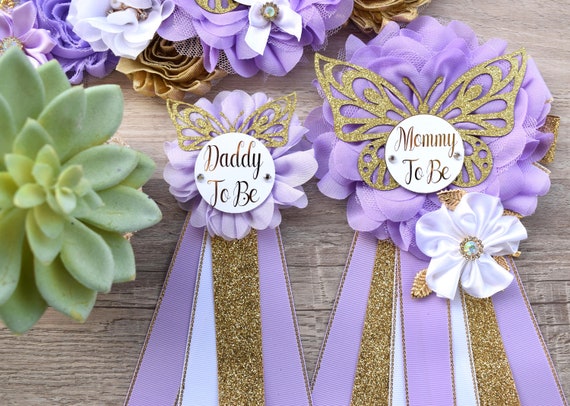 Lavender Butterfly Baby Shower, Lavender White Gold Butterfly Maternity Sash, Gold Butterfly Mommy To Be Ribbon, Butterfly Daddy To Be Pin