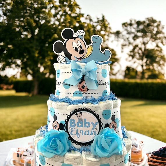 Blue Boy Diaper Cake Baby Shower, Gender Reveal Mouse Diaper Cake Centerpieces Decor, Room Nursery Decor, New Mom Gifts