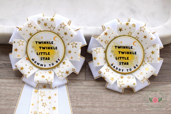 White Little Star Baby Shower, Twinkle Twinkle Little Star Mommy To Be Ribbon Pin, Daddy To Be Pin
