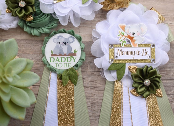 Koala Baby Shower, Koala Mommy to Be Pin, Koala Baby Shower Pin, Koala Greenery Maternity Sash, Baby Shower, Green White Gold - S0004