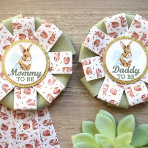 Boy Rabbit Baby Shower, Easter Baby Shower, Bunny Mommy to Be Ribbon Pin, Daddy To Be Pin