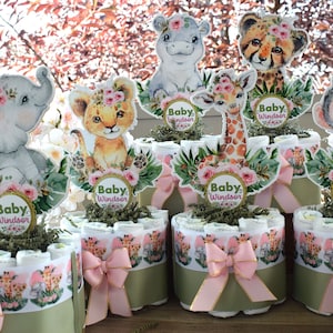 Girl Jungle Safari Mini Diaper Cake Set Baby Shower, Baby Shower Centerpieces Decorations, Girls Room Nursery Decor, New Mom Gifts - S0002