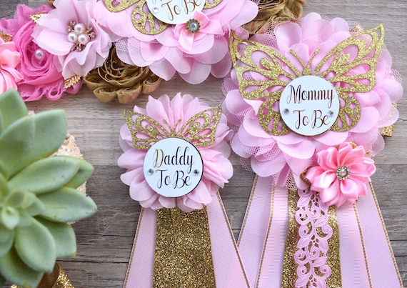 Pink Butterfly Baby Shower, Butterfly Maternity Belly Sash, Pink Gold Butterfly Mommy To Be Ribbon, Butterfly Daddy To Be Pin, Custom