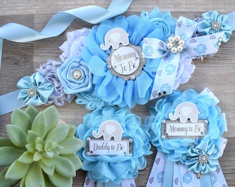 Boy Elephant Baby Shower, Blue Elephant Sash and Pin, Blue Elephant Flower Sash, Elephant Mommy To Be Ribbon Pin, Elephant Daddy To Be Pin