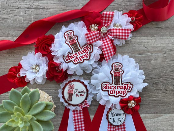 Ready To Pop Baby Shower, Red & White Maternity Sash, Mommy To Be Pin, Daddy To Be Pin, My Little Soda Pop Baby Shower, Custom Welcome