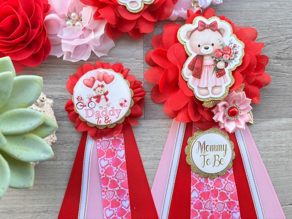 Girl Valentine Baby Shower, Little Bear Sweetheart Maternity Sash, Red Pink Love Heart Mommy To Be Ribbon, Valentine Daddy To Be Pin, Custom