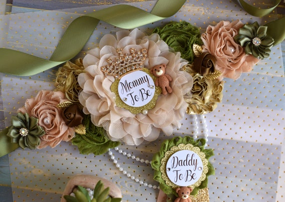 Bear Olive Baby Shower, Olive Maternity Sash, Olive Gold Baby Shower, Teddy Bear Green White Gold Belly Sash, Greenery Flower Sash, Custom