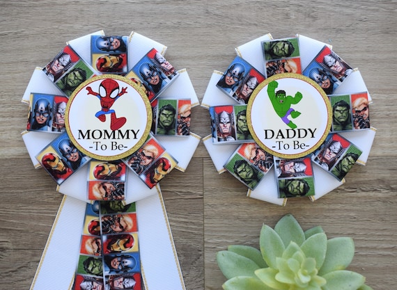 Superhero Baby Shower, Black Yellow Comic Pin, Mommy to Be Pin, Daddy to Be Pin, Family Corsage Pin