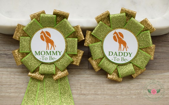 Gold Green Safari Baby Shower, Jungle Safari Animal Mommy To Be Ribbon Pin, Animal Daddy To Be Badge Pin