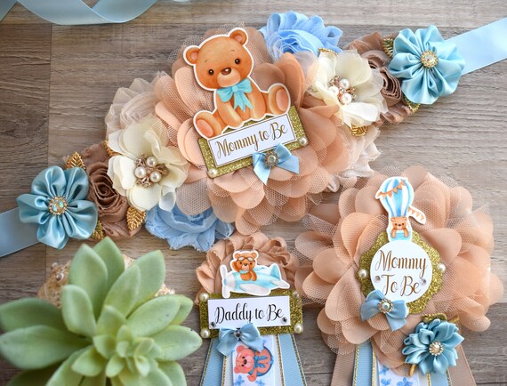 Blue Teddy Bear Baby Shower, Teddy Bear Blue Maternity Sash, Teddy Bear Daddy To Be Pin, Bear Mommy To Be, Bear Baby Shower, Custom