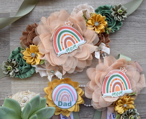 Boho Rainbow Baby Shower, Boho Rainbow Maternity Sash, Neutral Flower Sash, Boho Rainbow Mommy to Be, Neutral Color Rainbow Daddy to Be