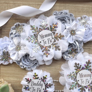 Gender Reveal Snowflake Baby Shower, White Silver Maternity Sash, Snowflake Mommy To Be Ribbon, Daddy To Be pin, Baby Shower Gift, Custom