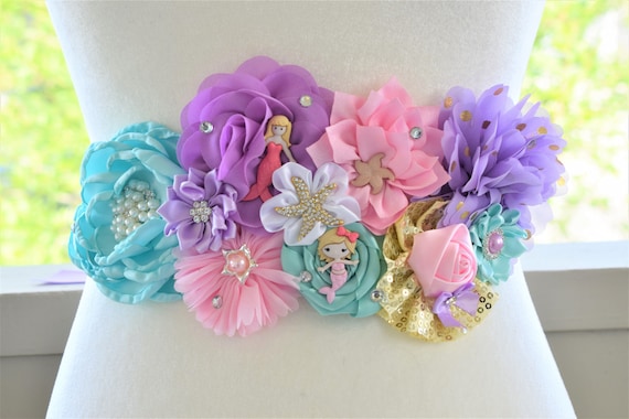 Mermaid Baby Shower, Pink Aqua Purple Maternity Sash, Mermaid Flower Sash, Purple Turquoise Belly Sash, Mermaid Purple Sash Belt, Custom