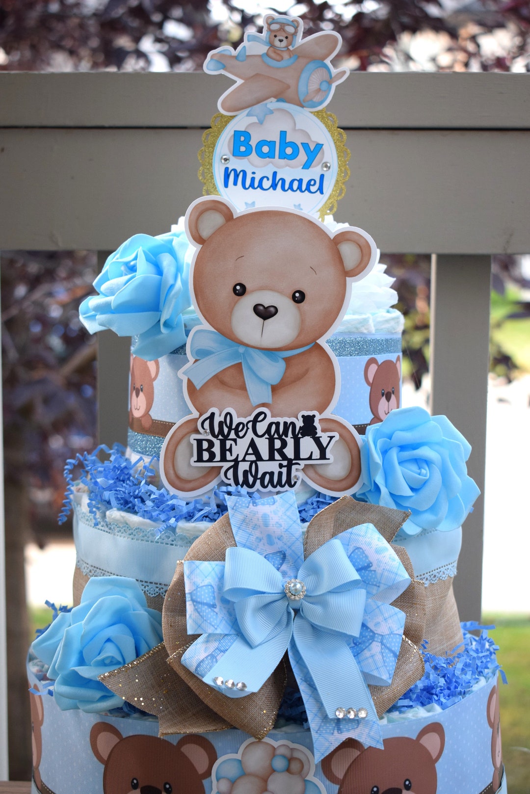 Blue Bear Diaper Cake Baby Shower, Boy Blue Teddy Bear Baby Shower ...