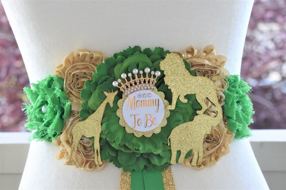 Safari Green Gold Flower Sash, Gold Safari Animals, Greenery Gold Maternity Sash, Jungle Safari Green Gold Baby Shower, Mommy pin, Daddy pin