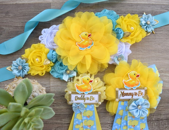 Boy Rubber Duck Baby Shower, Duck Maternity Sash, Yellow Blue Rubber Mommy To Be Ribbon, Duck Daddy To Be Pin, Custom