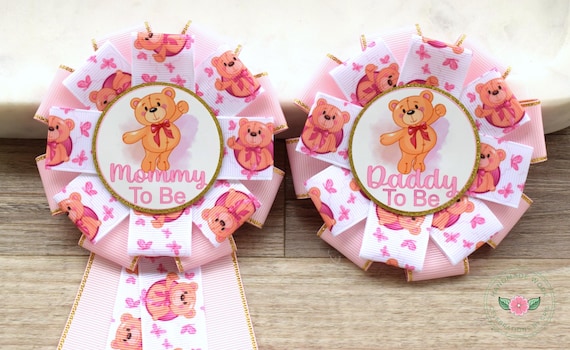 Pink Girl Bear Baby Shower, Girl Bear Mommy To Be Ribbon Pin, Teddy Bear Daddy To Be Pin