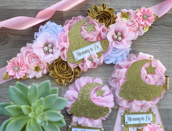 Girl Twinkle Twinkle Little Star Baby Shower, Pink Maternity Sash, Pink Gold Twinkle Star Mommy To Be Pin, Twinkle Star Daddy To Be Pin