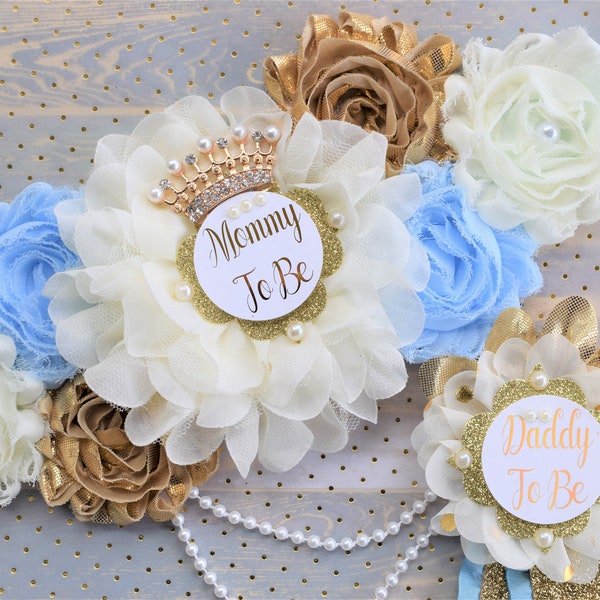 Baby Blue Ivory Gold Maternity Sash, Baby Blue Belly Sash, Ivory Blue Flower Sash, Blue Flower Belly Sash, Gold Blue Baby Shower, Custom