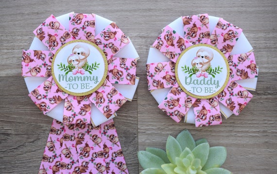 Girl Pink Sloth Baby Shower, Sloth Mommy to Be Ribbon Pin, Sloth Baby Shower Pin, Sloth Greenery Daddy To Be Pin, Parent's To Be Pin