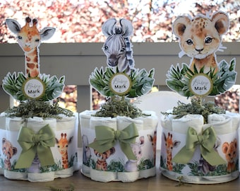 Jungle Safari Mini Diaper Cake Set Baby Shower, Décorations de centres de table de baby shower, Décor de chambre de garçon, Cadeaux de nouvelle maman - S0001