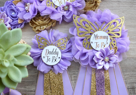Lavender Butterfly Baby Shower, Butterfly Maternity Belly Sash, Gold Butterfly Mommy To Be Ribbon, Lilac Butterfly Daddy To Be Pin, Custom