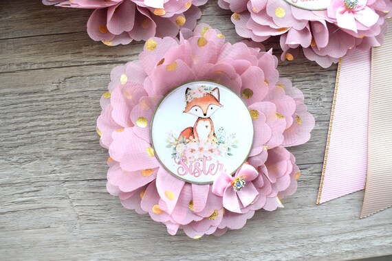Girl Fox Woodland Baby Shower, Maternity Sash, Flower Fox Woodland Mommy To Be Pin, Girl Fox Woodland Daddy To Be Pin, Fox Woodland Shower