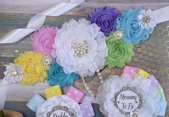 Pastel Color Maternity Sash, Blue Yellow Flower Sash, Multicolored Flower Belt, Rainbow Baby Shower, Gender Reveal Daddy and Mommy to Be