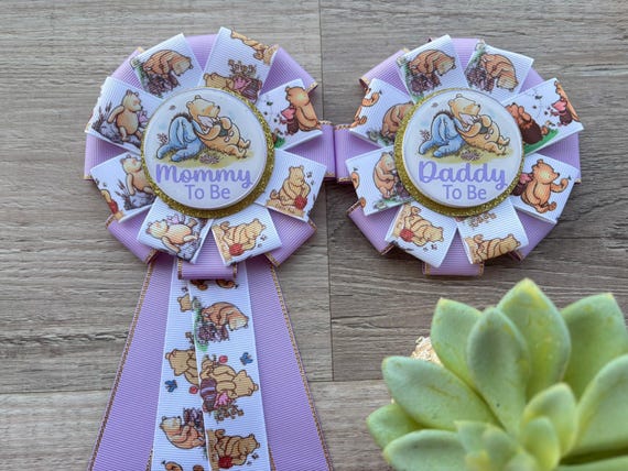 Lavender Winnie Mom & Dad Pins, Winnie The Pooh Baby Shower, Girl Mommy To Be Ribbon, Daddy To Be Pin, Parent's To Be Pins