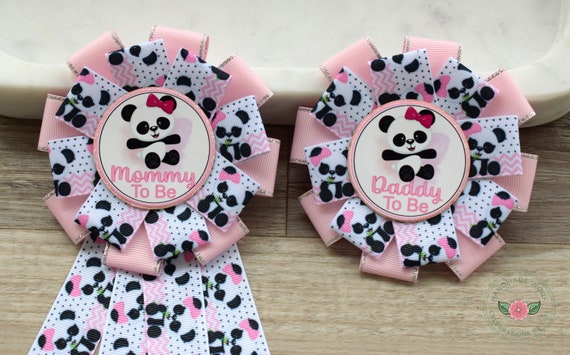Girl Panda Baby Shower, Pink Panda Mommy To Be Ribbon Pin, Panda Daddy To Be Pin