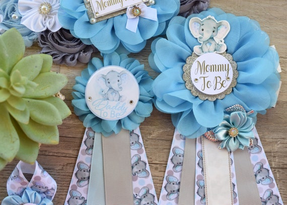 Blue Boy Elephant Baby Shower, Blue Grey Elephant Maternity Sash, Boy Mommy To Be Ribbon, Daddy To Be Pin, A Little Peanut Is On The Way!