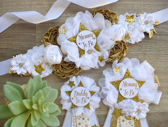 White Twinkle Twinkle Little Star Baby Shower, Gold White Star Maternity Sash, Twinkle Gender Reveal, Mommy To Be Ribbon, Daddy To Be Pin