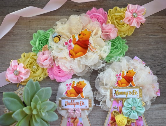 Girl Winnie the Pooh Classic Baby Shower, Pink Yellow Winnie Mommy To Be Pin, Classic Winnie Mommy and Daddy Pin, Custom