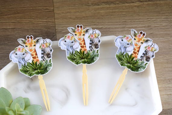 12 Girl Animal Safari Cupcake Toppers, Baby Shower, Party, Cupcake, Giraffe Zebra Elephant, Baby Shower Decorations - S0001