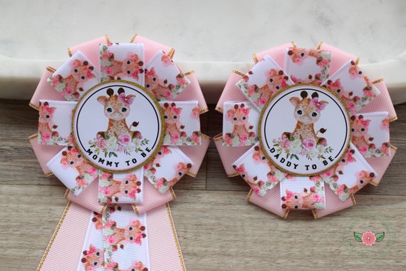 Girl Giraffe Baby Shower, Pink Giraffe Mommy To Be Ribbon Pin, Giraffe Daddy To Be Pin