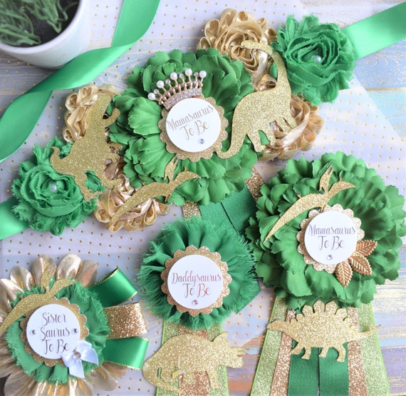 Dinosaur Baby Shower, Green Gold Maternity Sash, Gold Dinosaur Animals, Greenery Gold Mommy To Be Pin, Dinosaur Daddy To Be Pin, Custom