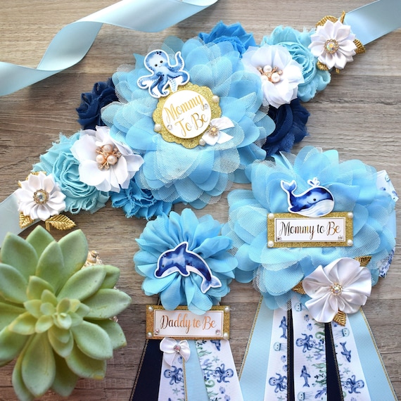 Blue Under The Sea Baby Shower, Turtle Octopus Starfish Aqua Blue Flower Maternity Sash, Under The Sea Mommy To Be Pin, Daddy To Be Pin