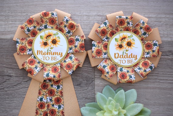 Rustic Sunflower Baby Shower, Yellow Sunflower Corsage Pin, Mommy To Be Ribbon, Daddy To Be Pin, Gender Reveal Baby Shower