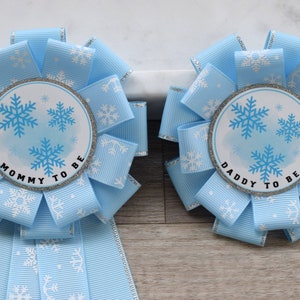 Blue White Snowflake Baby Shower, White Blue Silver Corsage Pins, Mommy To Be Ribbon, Snowflake Daddy To Be Pin, Baby It&#39;s Cold Outside