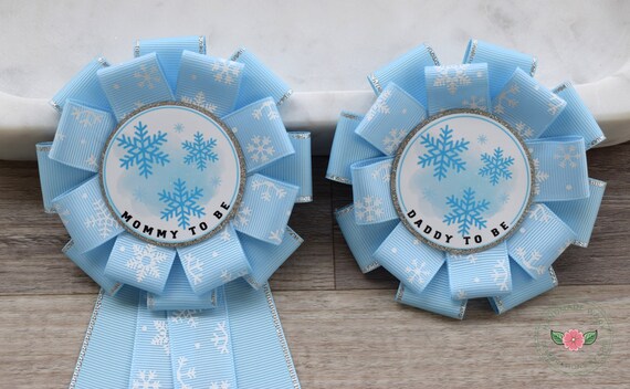 Blue White Snowflake Baby Shower, White Blue Silver Corsage Pins, Mommy To Be Ribbon, Snowflake Daddy To Be Pin, Baby It's Cold Outside