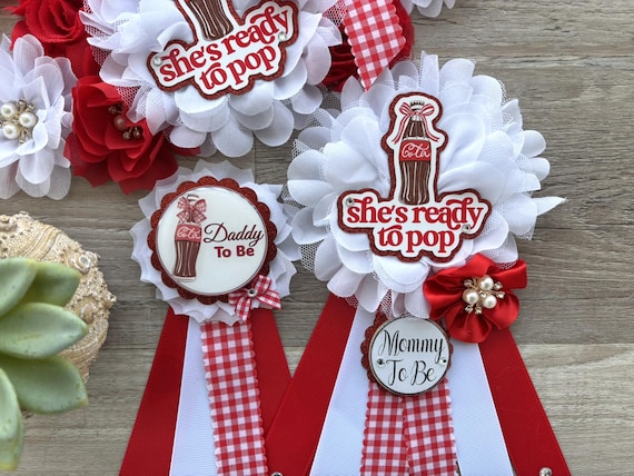 Ready To Pop Baby Shower, Red & White Maternity Sash, Mommy To Be Pin, Daddy To Be Pin, My Little Soda Pop Baby Shower, Custom Welcome