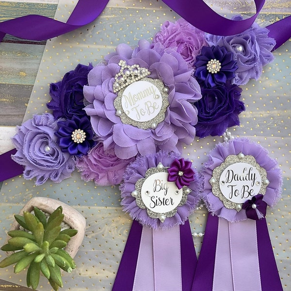 Purple Lavender Maternity Sash, Purple Lilac Silver Mommy To Be Maternity Sash, Daddy To Be Pin, Purple Big Sister Pin, Custom