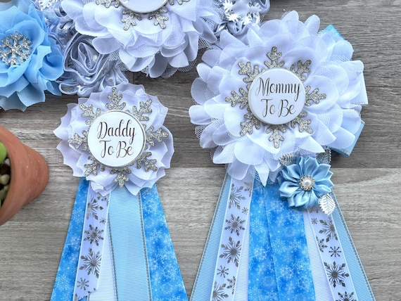 Blue Snowflake Baby Shower, Blue White Silver Flower Sash, Blue Maternity Sash, Blue Silver White Sash, Mommy To Be Snowflake Shower
